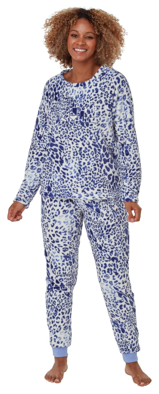 Ladies Womens Soft Fleece Pyjamas Cute Cat Blue Animal Print Pyjama Set - SIZE S