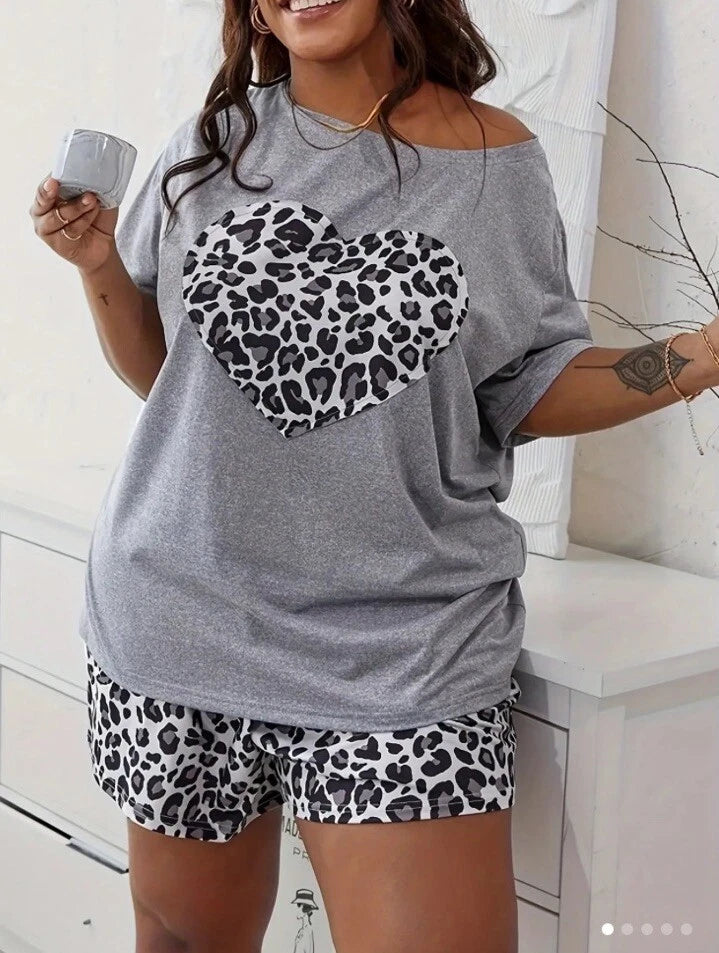 Plus 22 3x Stretch Soft Animal Print Heart Short Sleep Set Gray True To Size