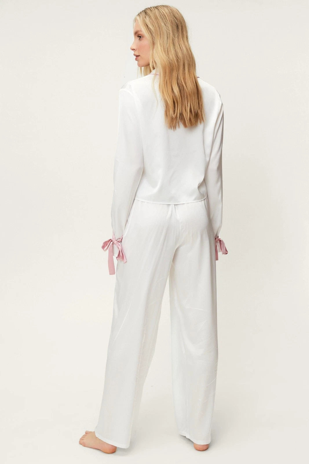 Nastygal Womens Pyjama Set Ivory Satin Button Long Sleeve Lightweight