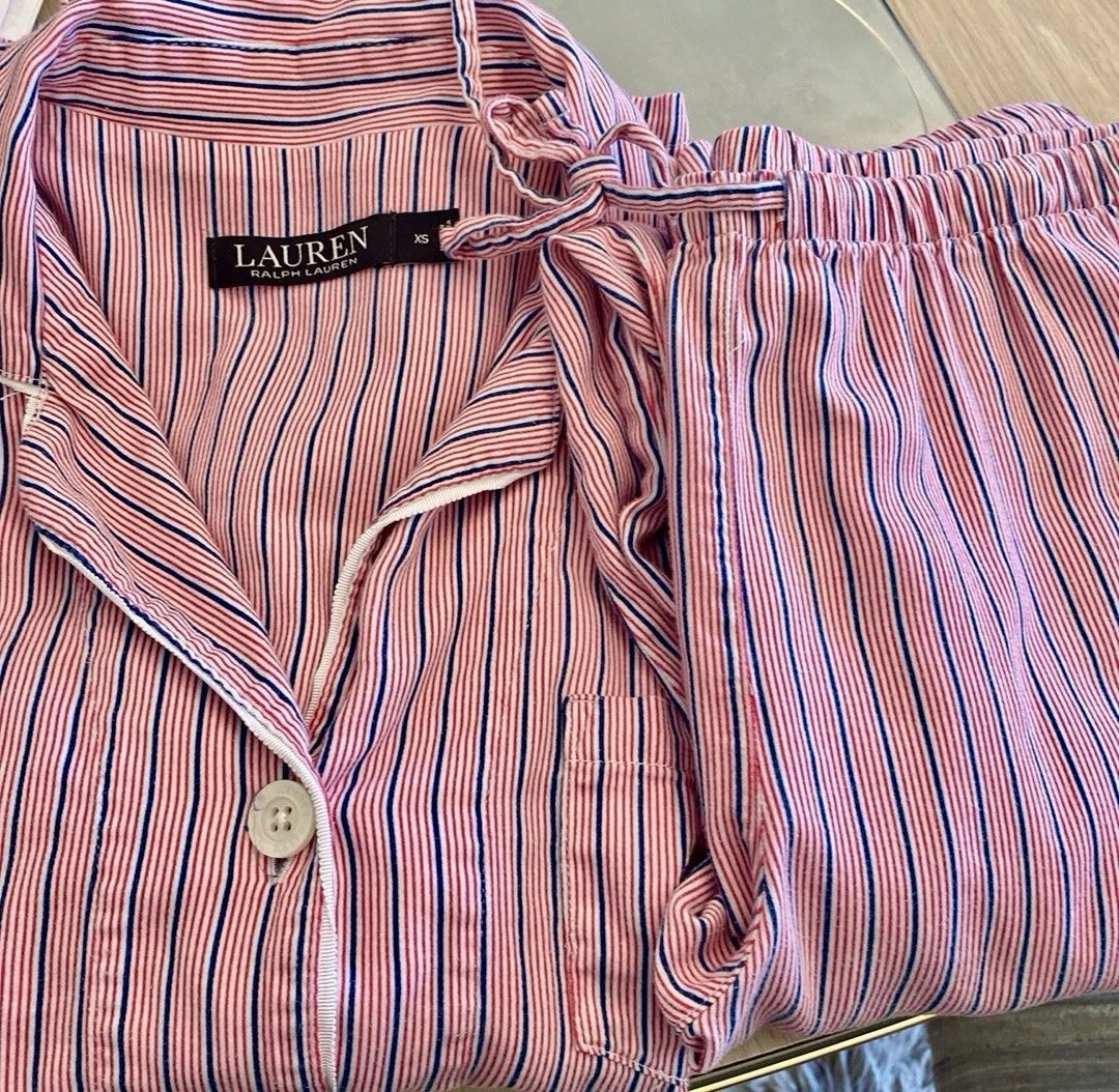 Lauren Ralph Lauren Women's Printed Notched-Collar Pajamas Set Pink Stripe XS