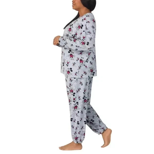 NEW Womens Disney Mickey Mouse Gray Soft Jogger 2-Piece Lounge Pajama Set LARGE