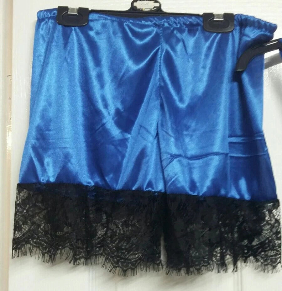 Ladies Sexy Lace & Satin Feel Short Pj Set Blue & Black Suit Sizes 10 12 14 New