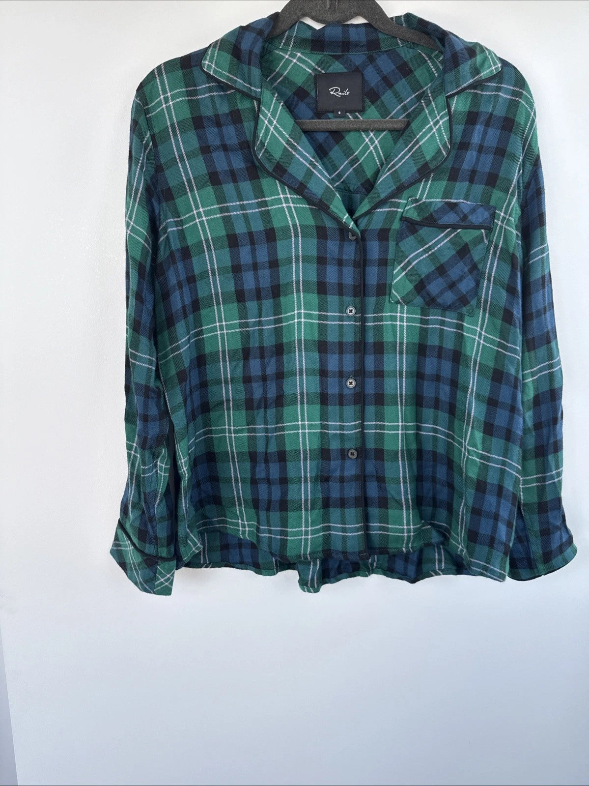 NEW $168 Rails Clara Midnight Emerald Blue Plaid Long Sleeve Pajamas Set Small