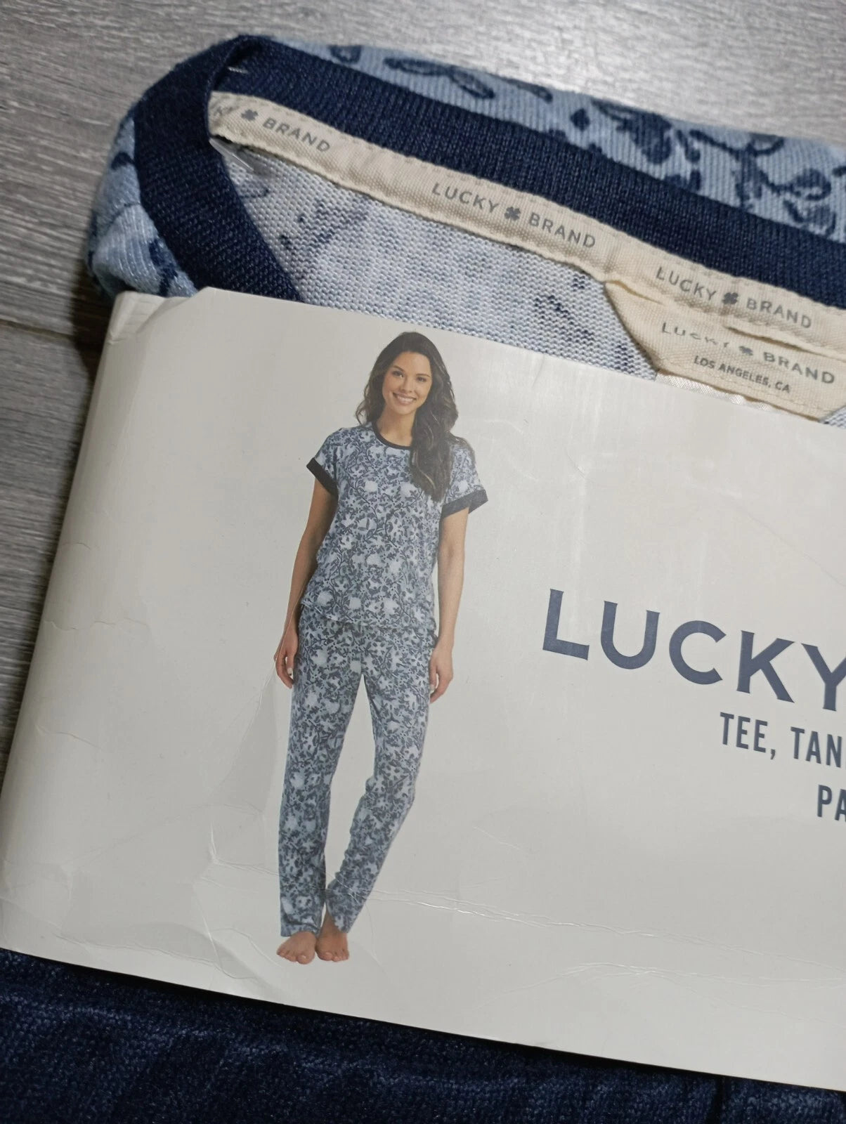 Lucky Brand Pajama Set Womens XS *4PC* Blue Floral Tee Tank Shorts Pants