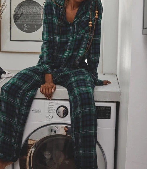 NEW $168 Rails Clara Midnight Emerald Blue Plaid Long Sleeve Pajamas Set Small