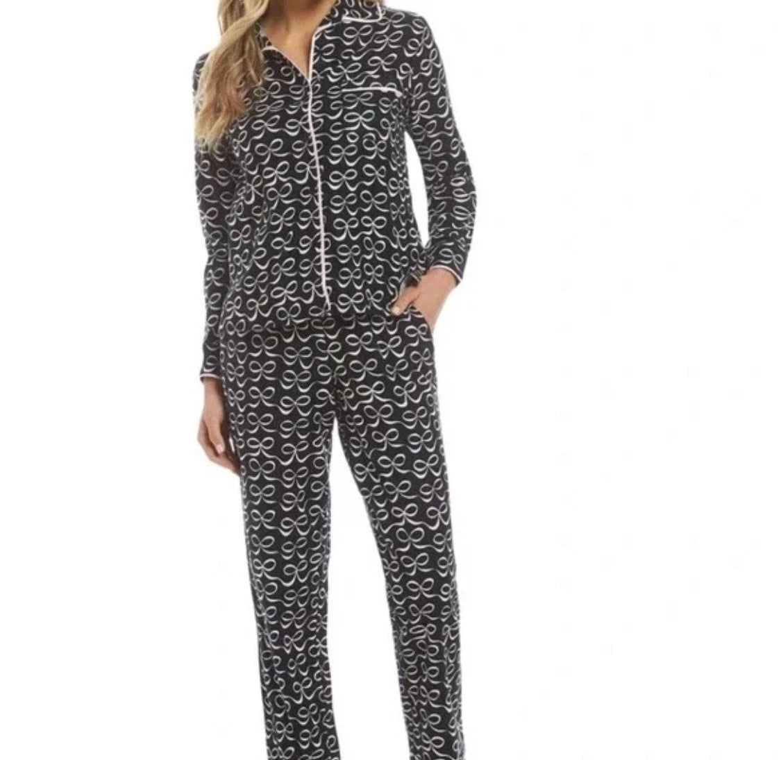 Kate Spade Pajama Set Woman Large Black Ribbon Collar Top & Long Pants