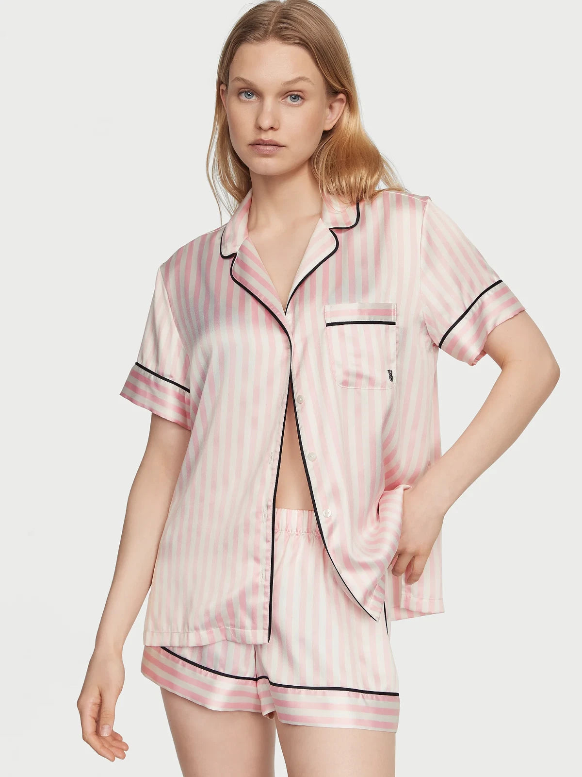NEW Victoria’s Secret Satin Short Set Pajama Pj’s Pink Iconic Stripe Size LG