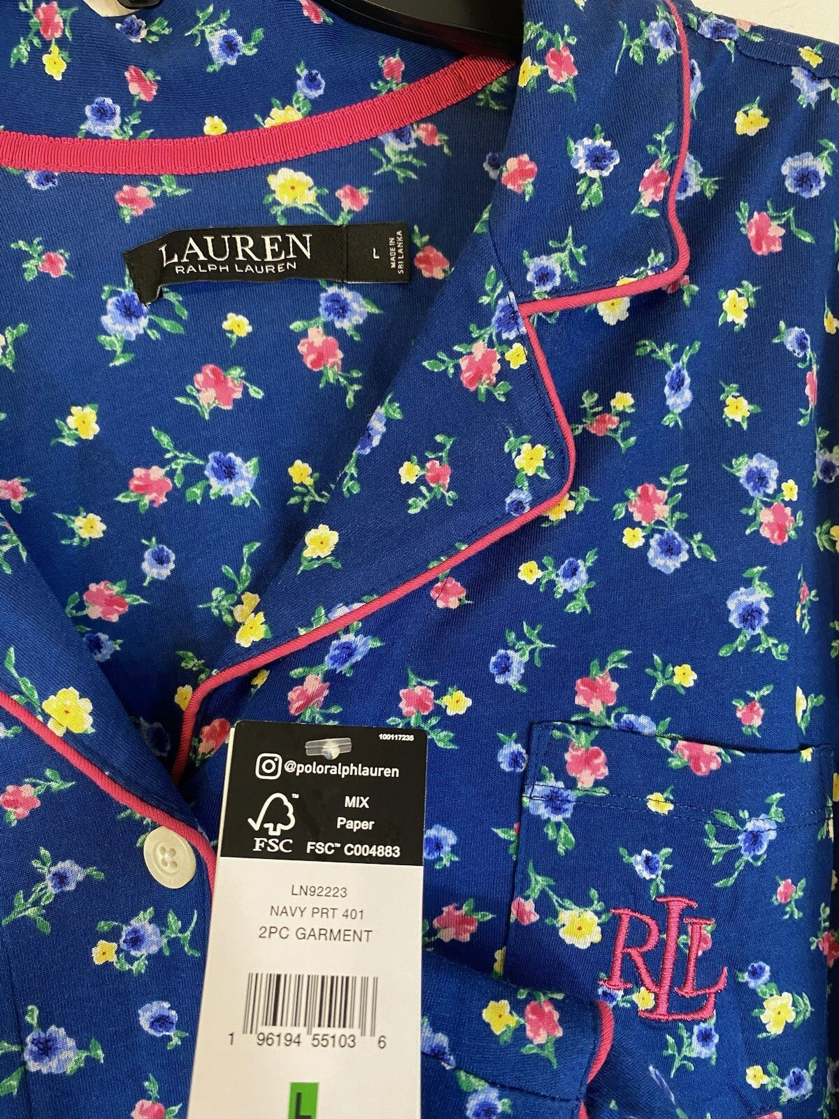 LAUREN Ralph Lauren Women's sz L Navy 3/4 Sleeve and Pant Matching Pajama Set