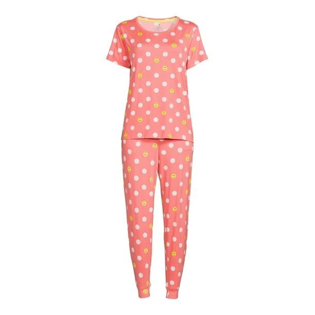 SECRET TREASURES SHORT SLEEVE PAJAMAS SET ORANGE PANTS IMOGEE SMILEY FACES S