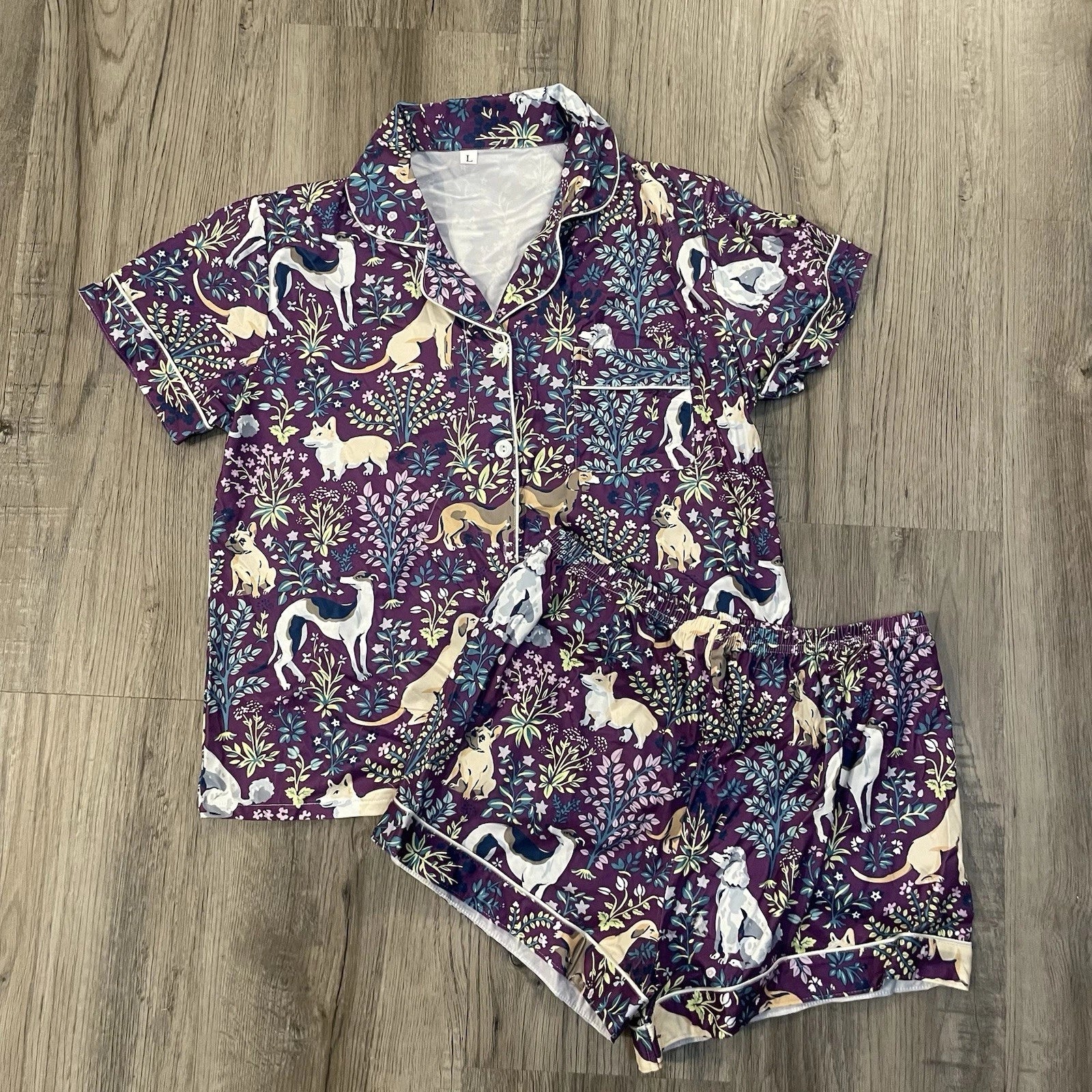 NIP Purple Dog Print Pajama Set Shorts Collared Button Front Top Amethyst NEW! L