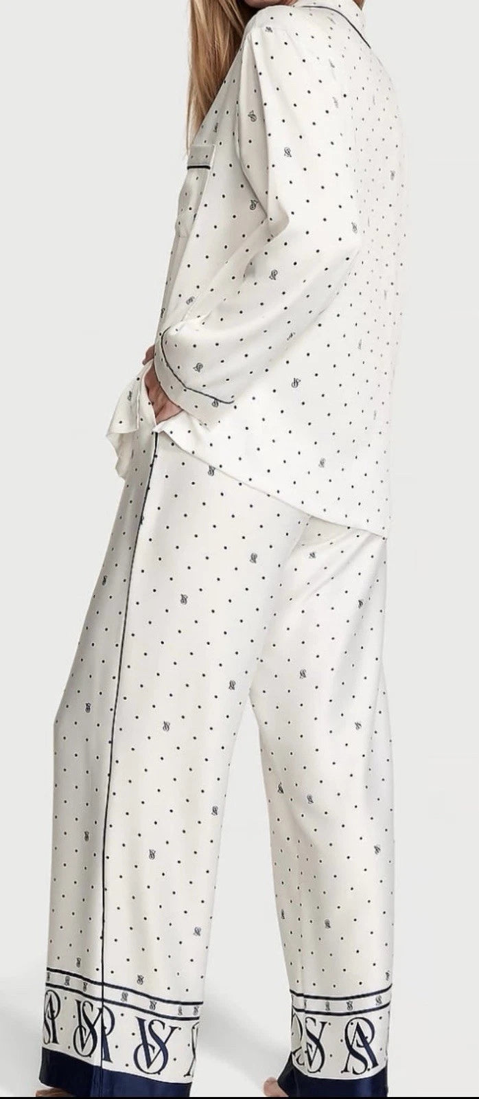Victoria's Secret Satin Long Pajama In Navy Blue And white Polka dots