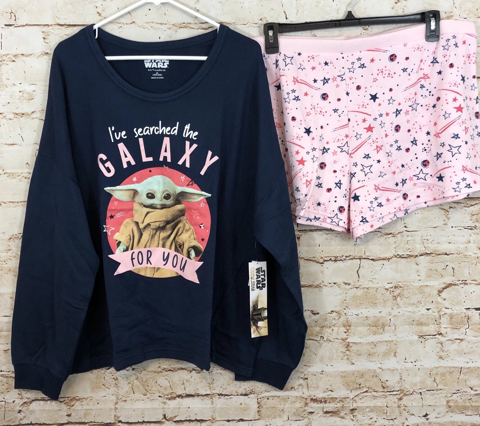 Star wars pajamas set women XL grogu yoda shorts long sleeve top mandalorian NEW