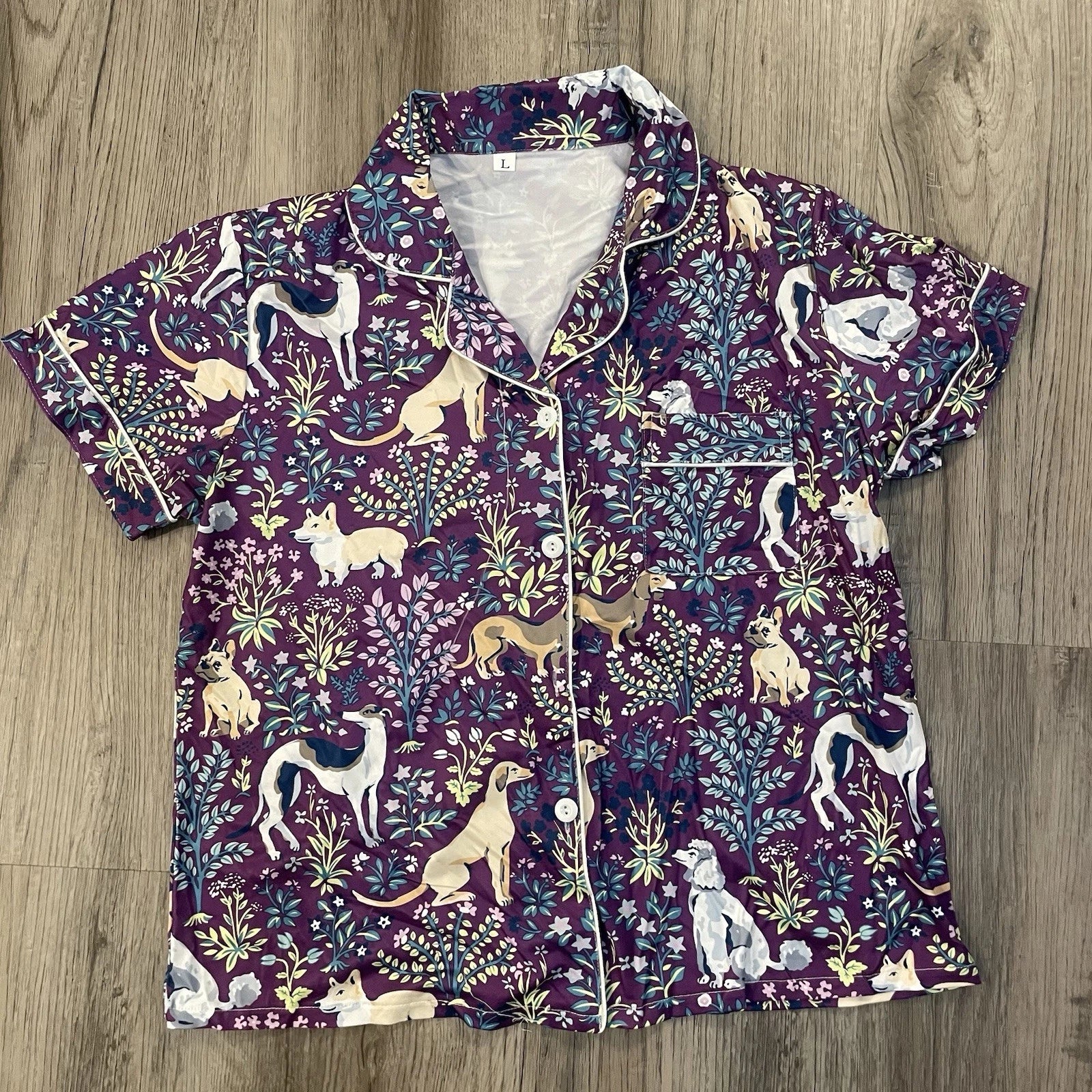 NIP Purple Dog Print Pajama Set Shorts Collared Button Front Top Amethyst NEW! L