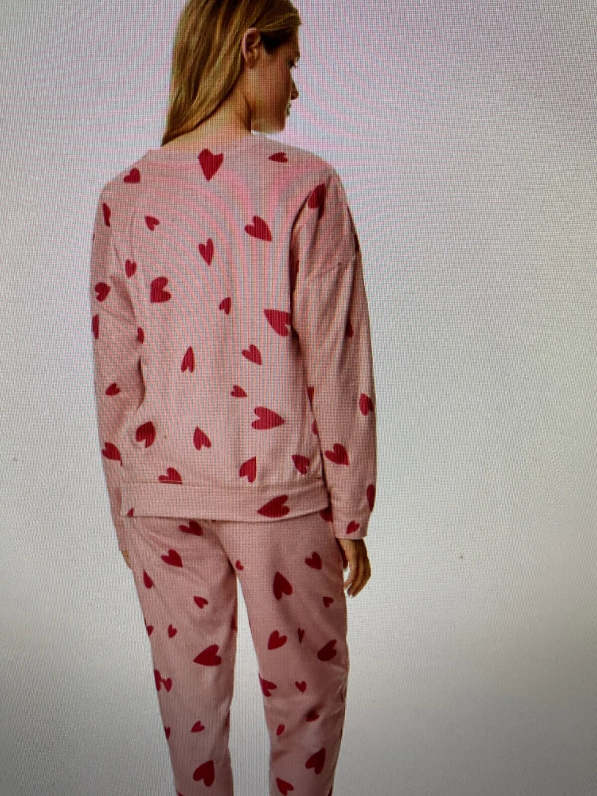 LADIES FLEECE HEART PRINT PYJAMAS SET PINK MIX COLOUR LARGE SIZE