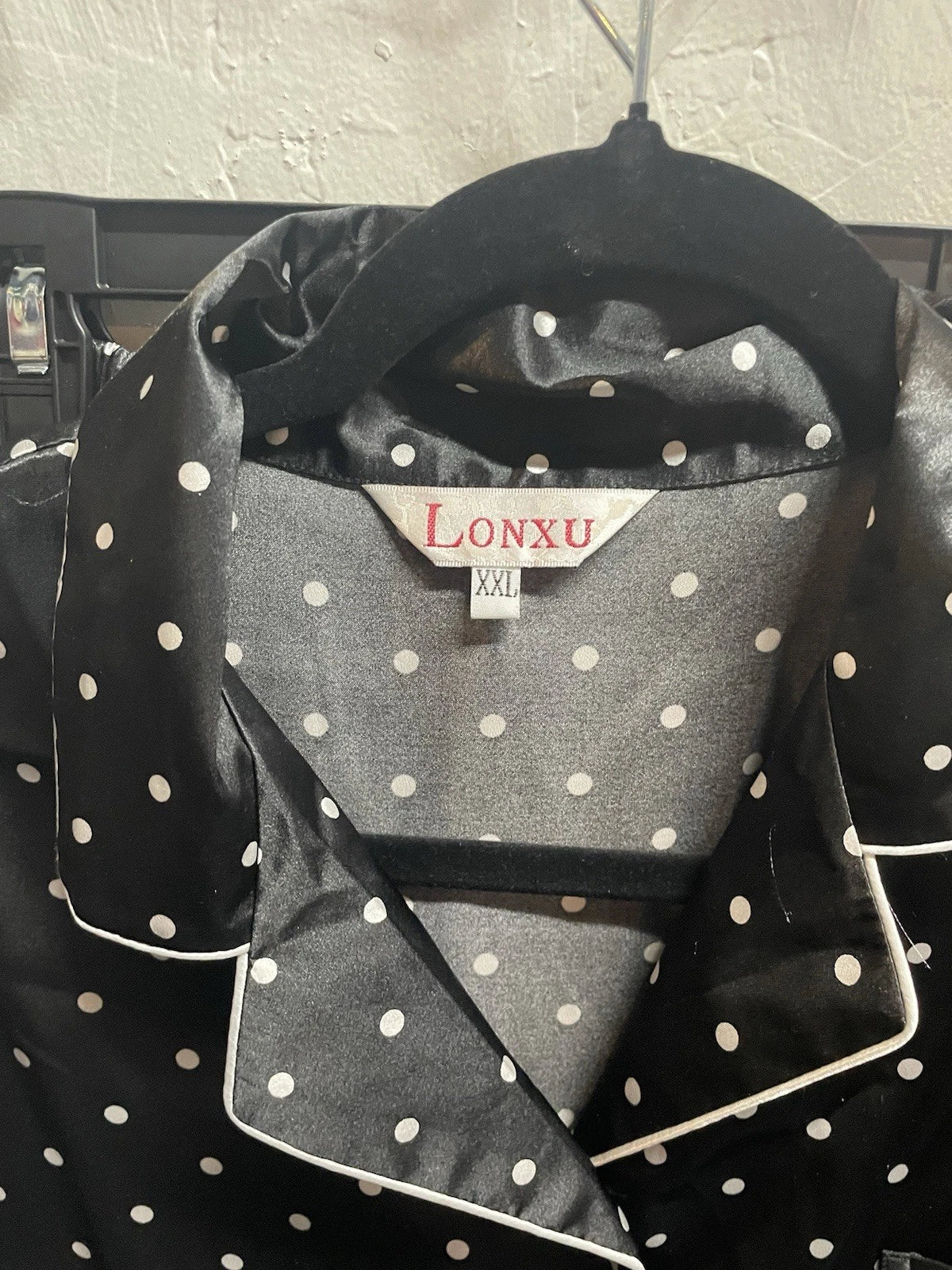 Pajama Set LONXU Silk Satin Button Front Long Sleeve Blk White Polka Dot XXL