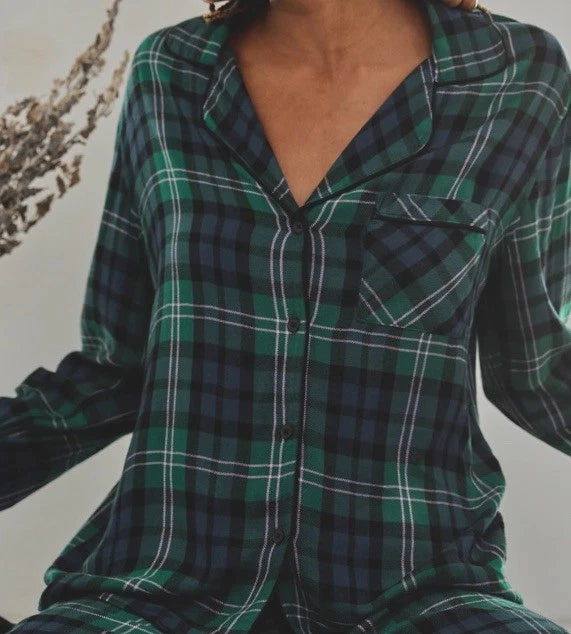 NEW $168 Rails Clara Midnight Emerald Blue Plaid Long Sleeve Pajamas Set Small