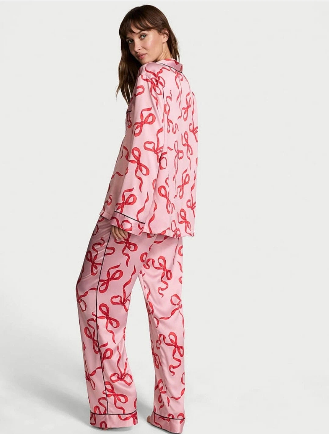 Victoria’s Secret Glazed Satin Pajama Set Chalk Rose & Red Bows Size XS SHORT