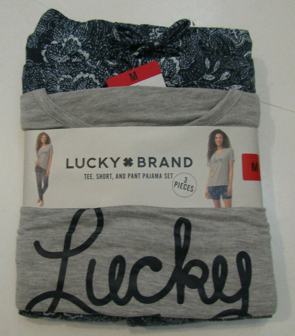 Lucky Brand Womens Pajamas Set 3 Piece Blue Gray Sleepwear Size Medium M NWT