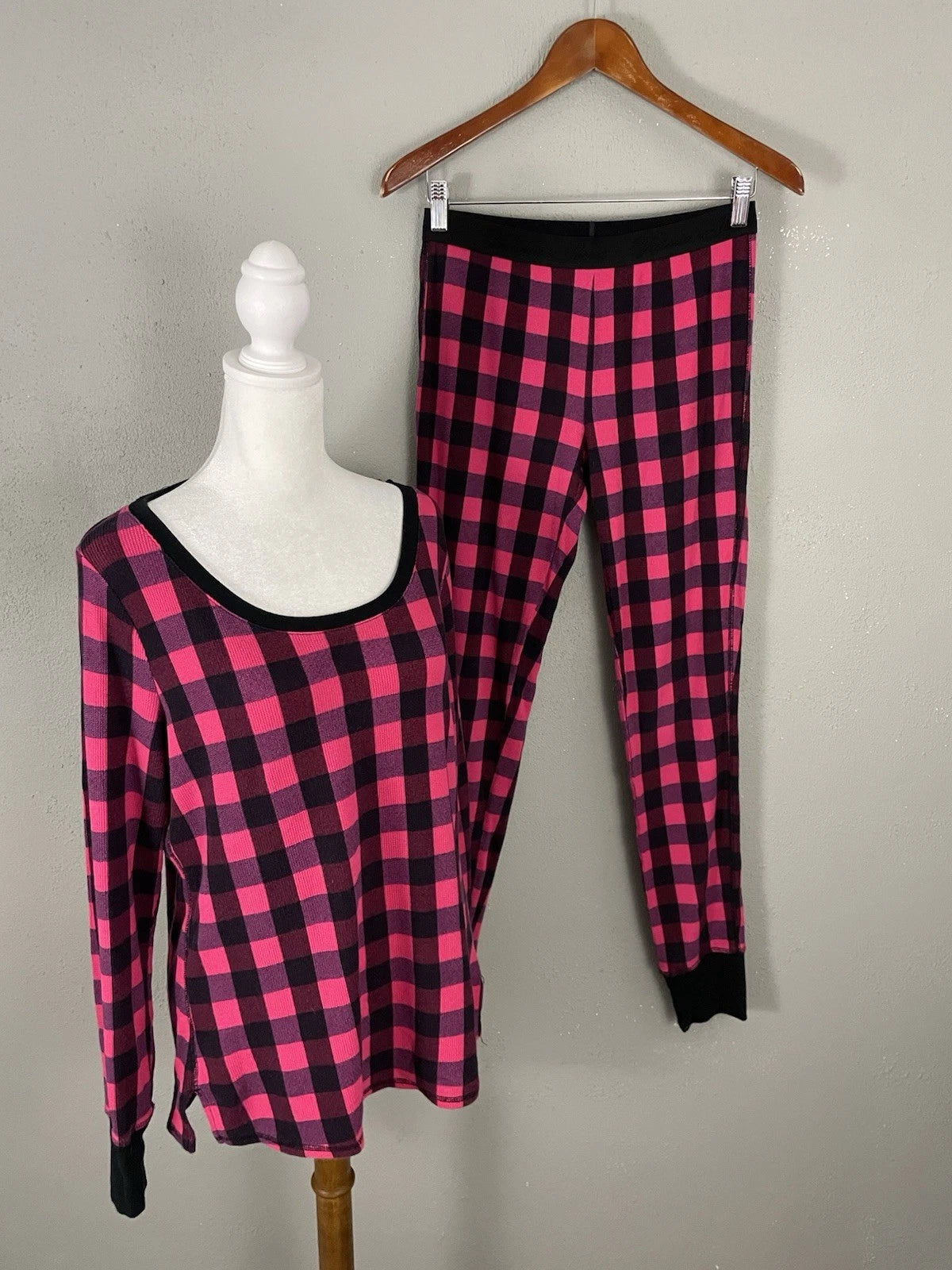 Victorias Secret Pajama Set Size S Pink Black Check Thermal Knit Sleep Lounge