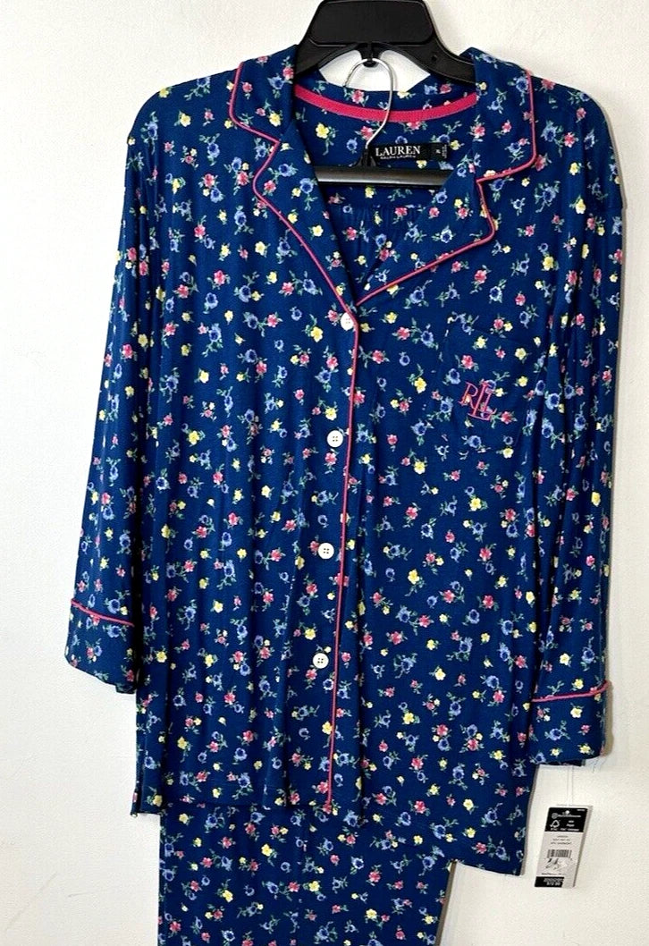 LAUREN Ralph Lauren Women's sz L Navy 3/4 Sleeve and Pant Matching Pajama Set