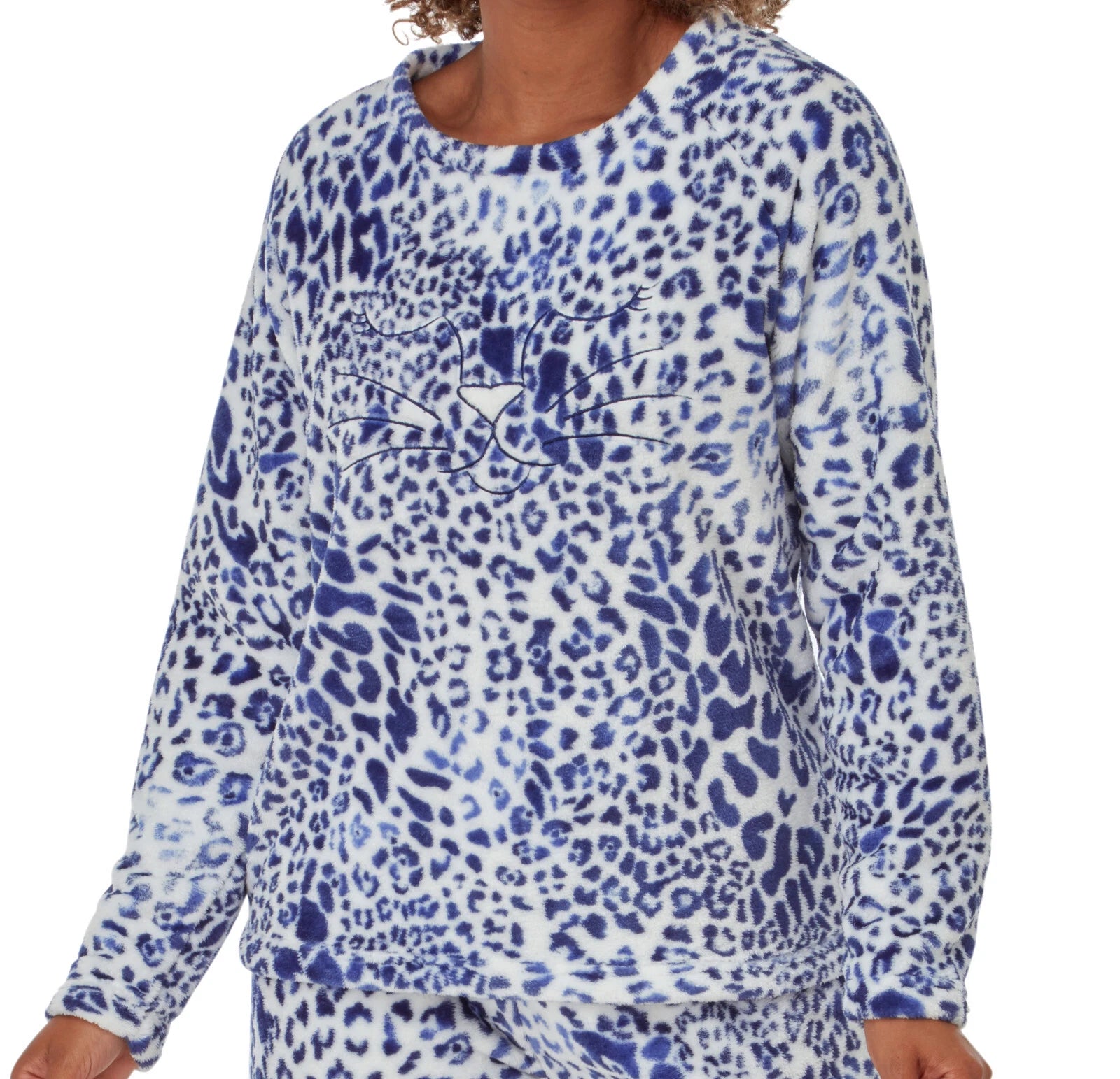 Ladies Womens Soft Fleece Pyjamas Cute Cat Blue Animal Print Pyjama Set - SIZE S