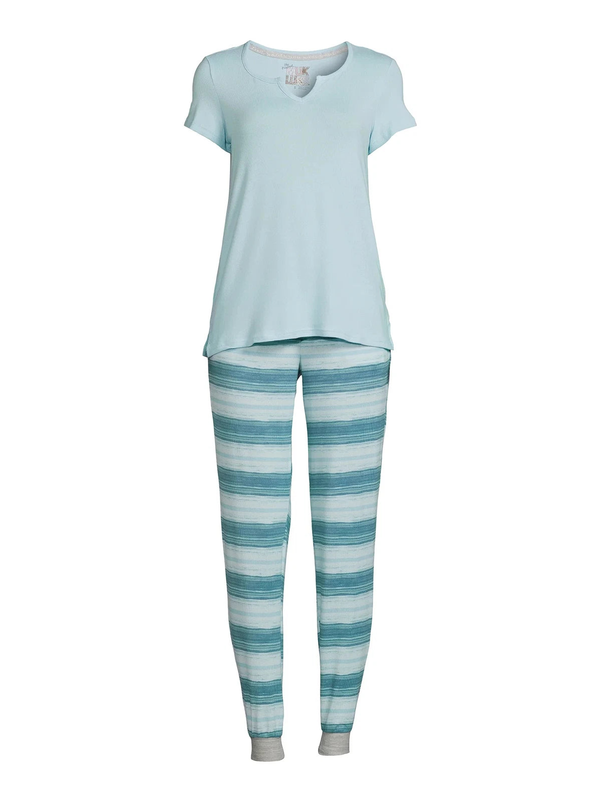 Muk Luks Lush Luxe Short Sleeve Top and Jogger PJ Set BlueAquaticStrp 1X New