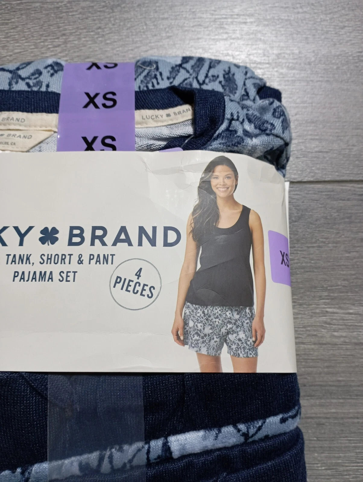 Lucky Brand Pajama Set Womens XS *4PC* Blue Floral Tee Tank Shorts Pants