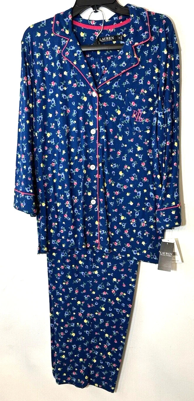 LAUREN Ralph Lauren Women's sz L Navy 3/4 Sleeve and Pant Matching Pajama Set