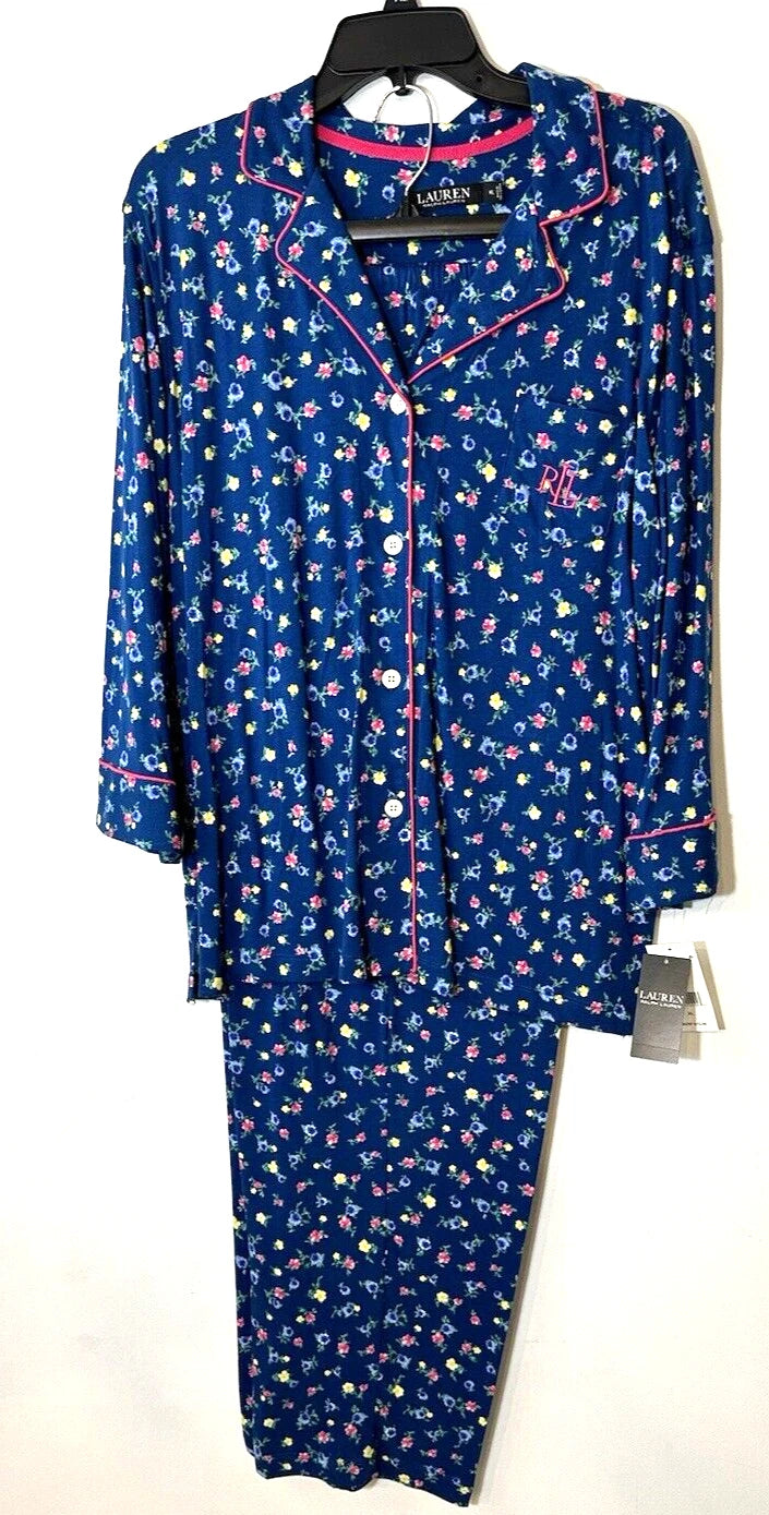 LAUREN Ralph Lauren Women's sz L Navy 3/4 Sleeve and Pant Matching Pajama Set