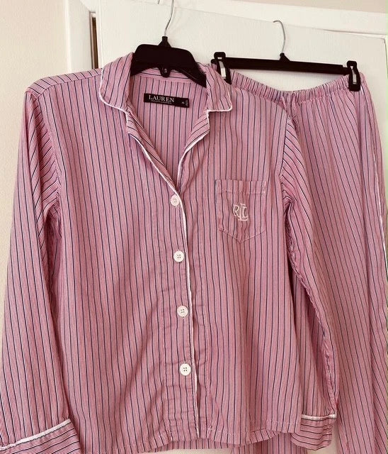 Lauren Ralph Lauren Women's Printed Notched-Collar Pajamas Set Pink Stripe XS