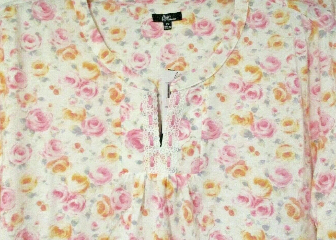 Nwt $60 Aria WATERCOLOR ROSES 2 Pc Long Sleeve Top & Long Pants Pajama Set 2X