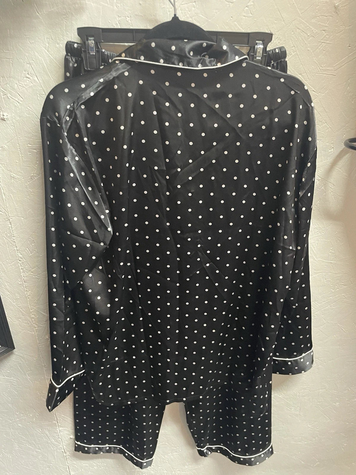 Pajama Set LONXU Silk Satin Button Front Long Sleeve Blk White Polka Dot XXL