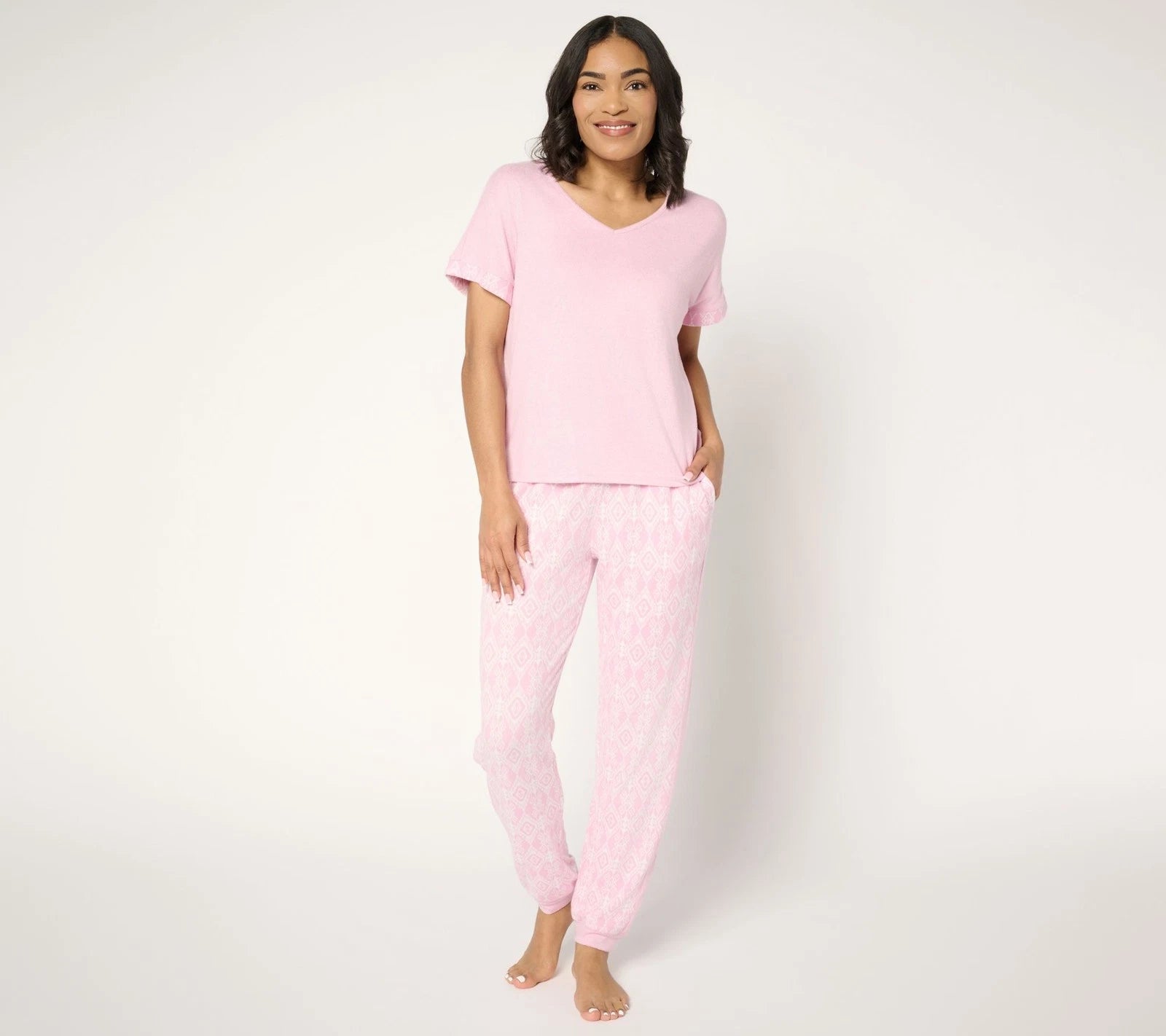 Muk Luks Sweater Knit Short Sleeve and Jogger Pajama Set Pink Ikat S New