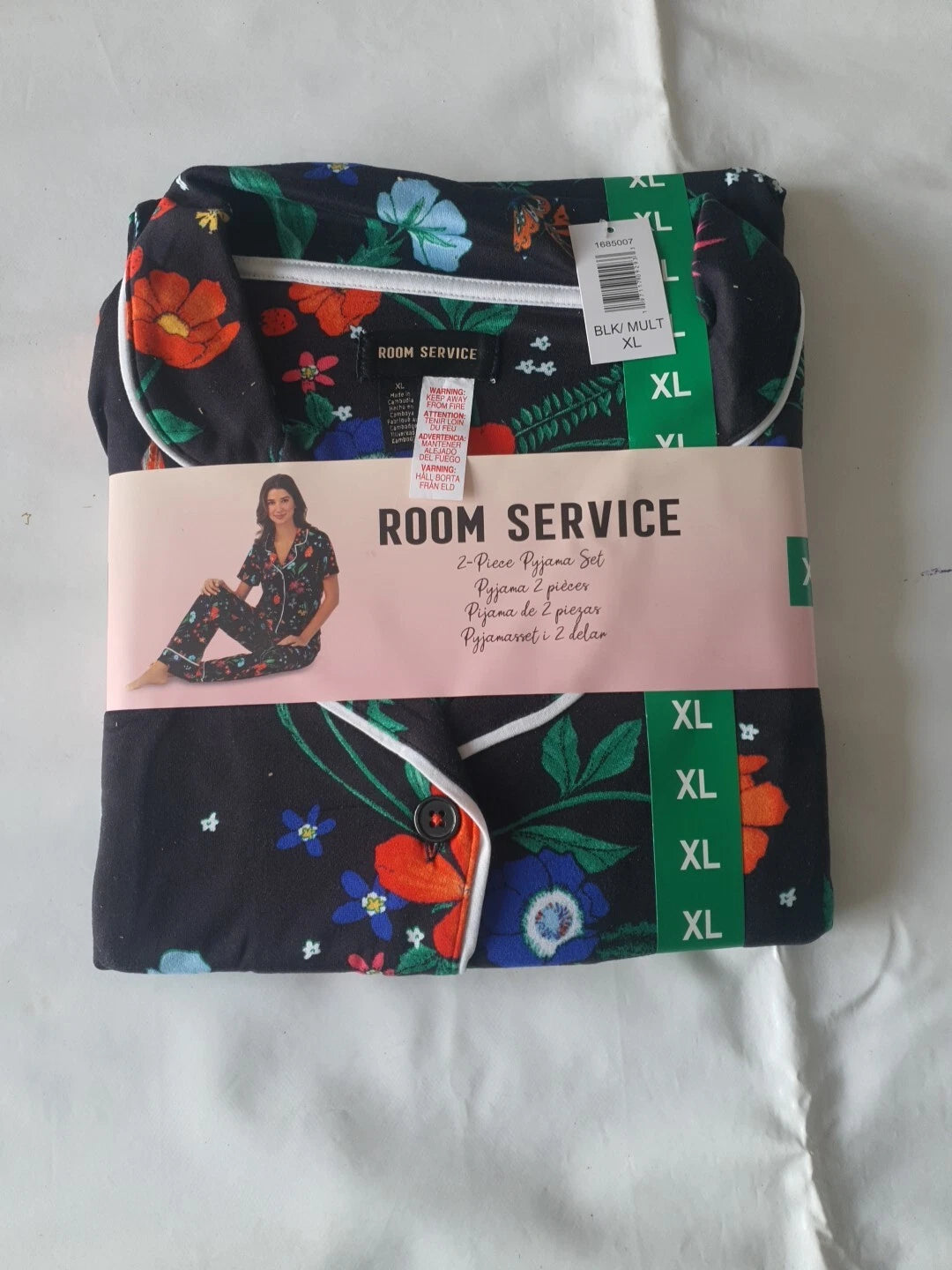 Room Service 2 Piece Pyjama Set Black Floral Size XL