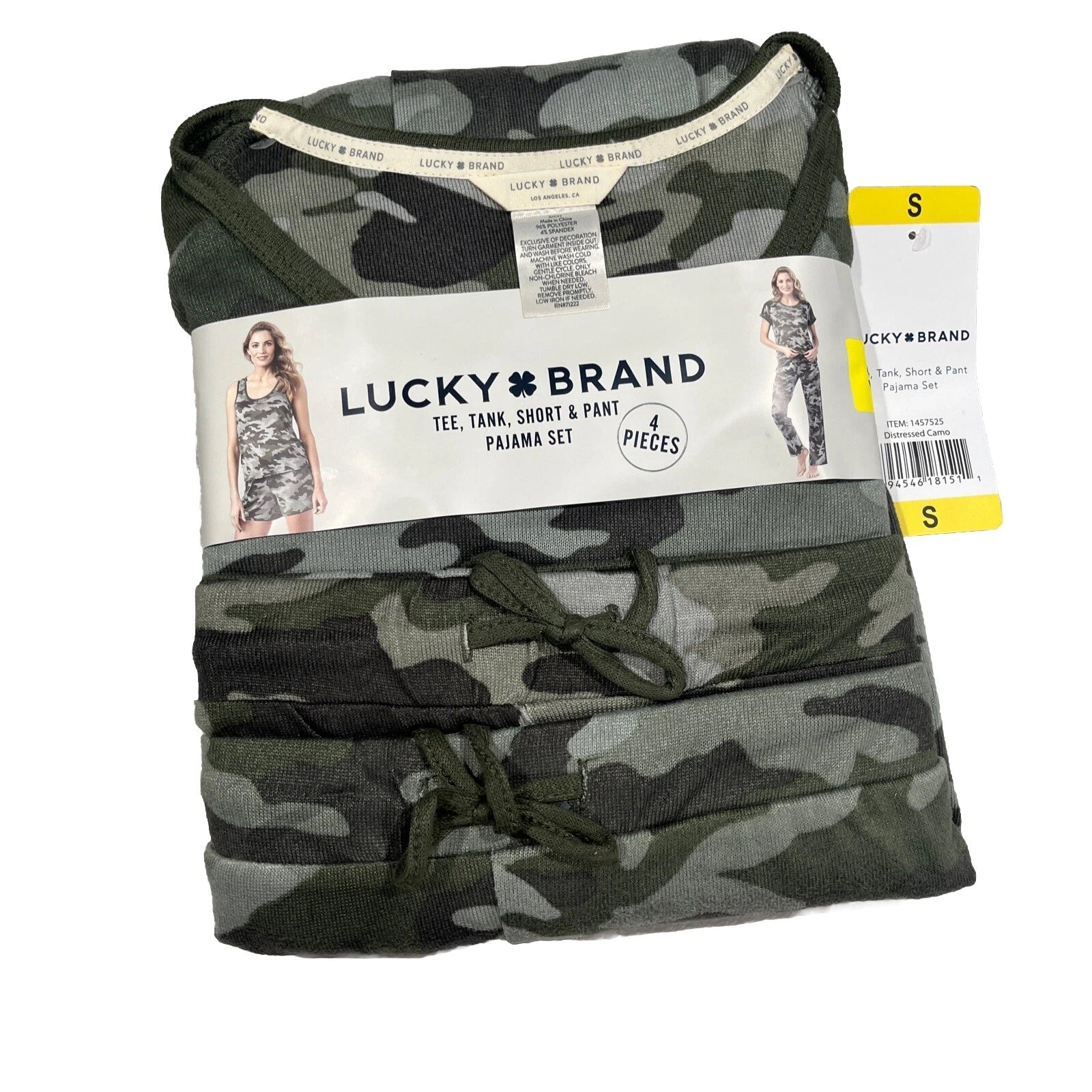 Lucky Brand (S) Women's 4-Piece Pajama Set Tee Tank Shorts Pants Green Camo