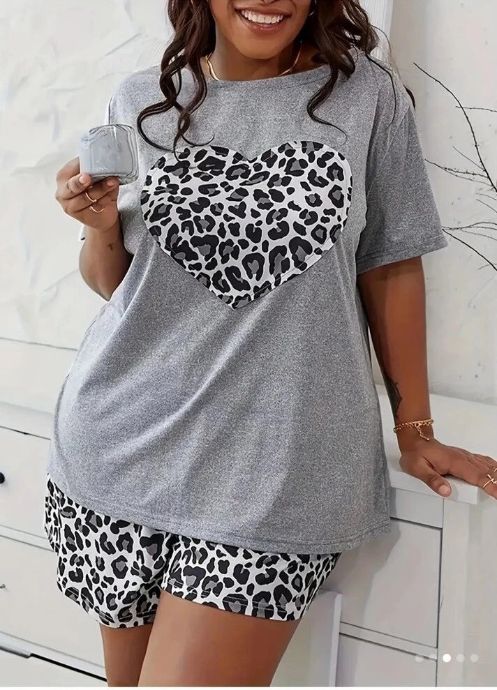 Plus 22 3x Stretch Soft Animal Print Heart Short Sleep Set Gray True To Size