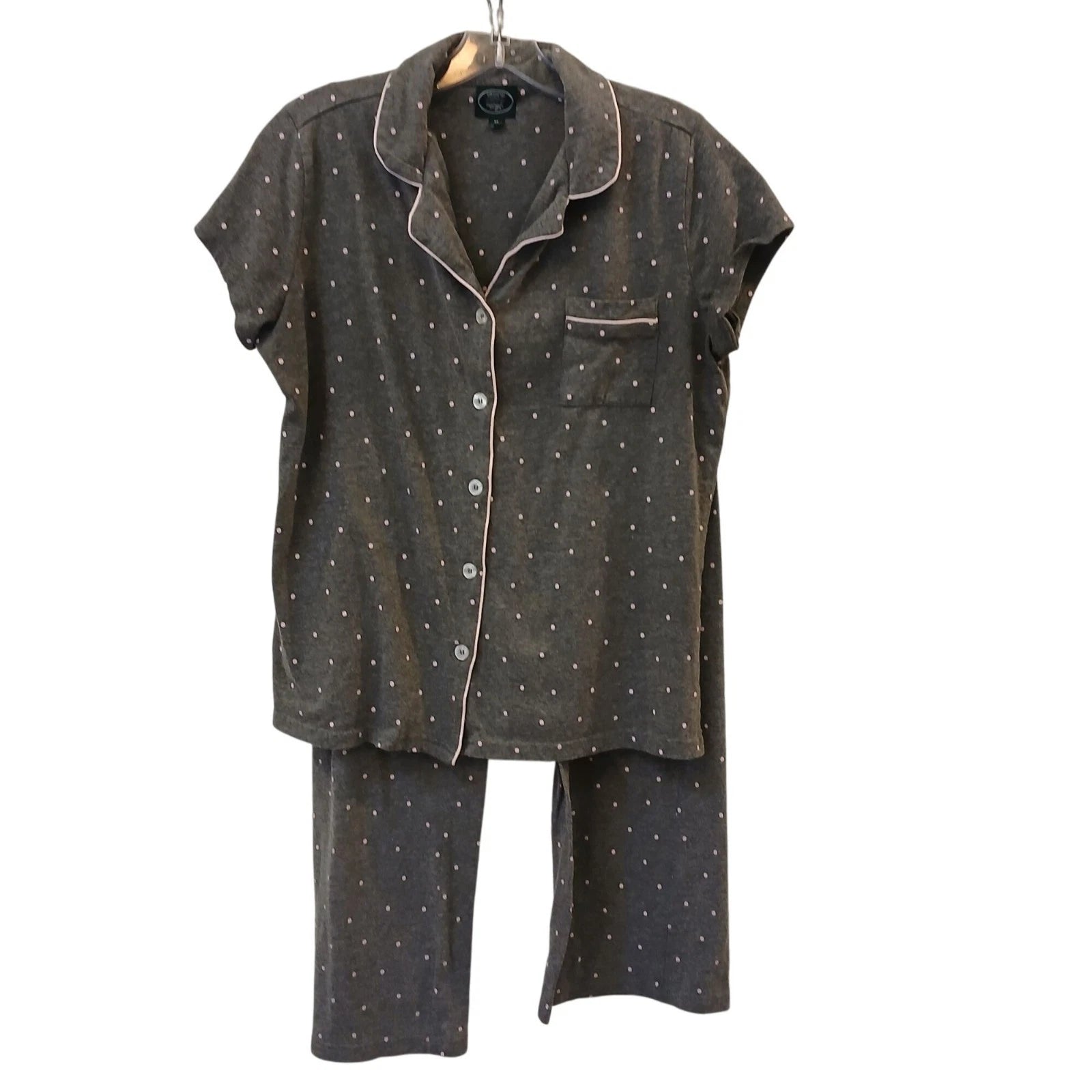 Laura Ashley Womens Medium Gray Pajama Set Polka Dots Piping Short SleeveTop V38