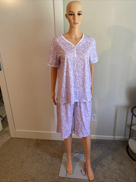 V-Neck Lace Trim Floral Pattern 2-Piece Pajama Set Pj Size M