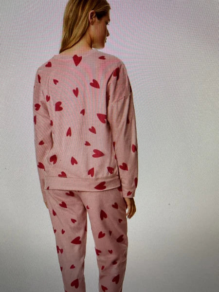 LADIES FLEECE HEART PRINT PYJAMAS SET PINK MIX COLOUR LARGE SIZE