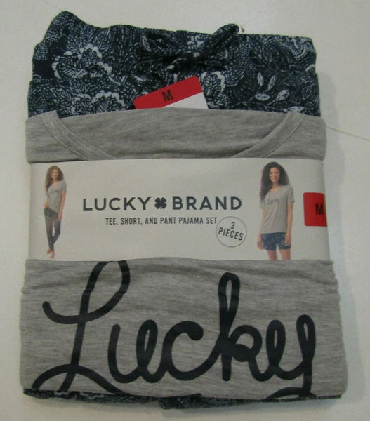 Lucky Brand Womens Pajamas Set 3 Piece Blue Gray Sleepwear Size Medium M NWT