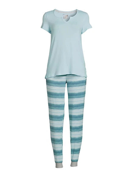 Muk Luks Lush Luxe Short Sleeve Top and Jogger PJ Set BlueAquaticStrp 1X New