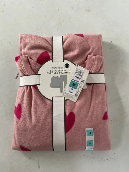 LADIES FLEECE HEART PRINT PYJAMAS SET PINK MIX COLOUR LARGE SIZE