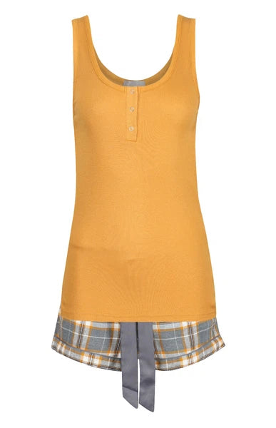 LADIES SHORT PYJAMAS EX N3W LOOK RRP £15 GOLD VEST CHECK SHORTS NIGHT WEAR PJS