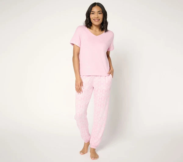 Muk Luks Sweater Knit Short Sleeve and Jogger Pajama Set Pink Ikat S New