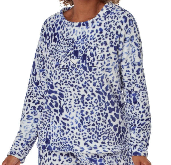Ladies Womens Soft Fleece Pyjamas Cute Cat Blue Animal Print Pyjama Set - SIZE S