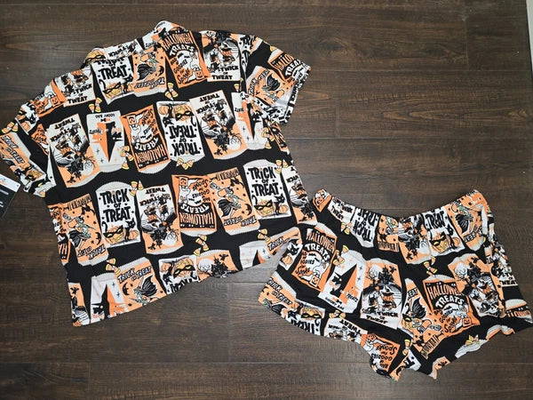 Way To Celebrate Witch Women's HALLOWEEN Shorty Pajamas Set Retro Cat Sz S M