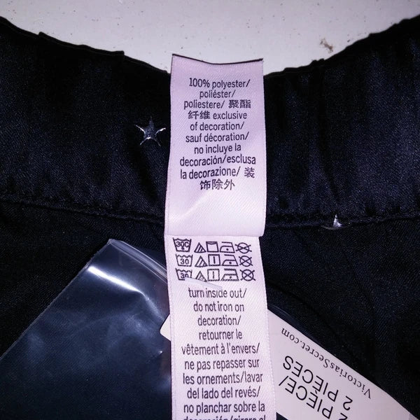 Victoria Secret Pajama Set Sleepwear XL Black Silver Stars Satin Long Sleeve New