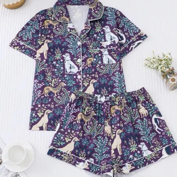 NIP Purple Dog Print Pajama Set Shorts Collared Button Front Top Amethyst NEW! L
