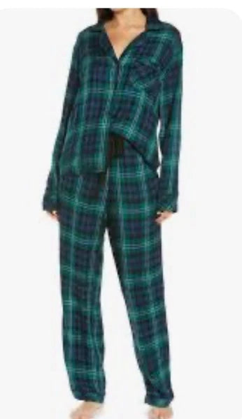 NEW $168 Rails Clara Midnight Emerald Blue Plaid Long Sleeve Pajamas Set Small