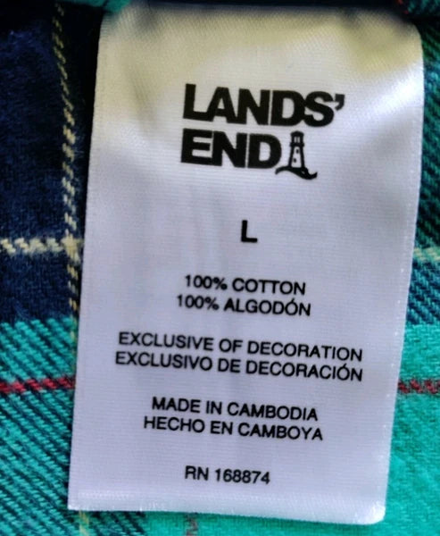 Lands End Women’s Large 2-piece Blue Green Cotton Flannel Pajama Set NWT